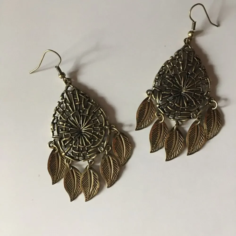 Dream-catcher with dangling leaves bronze-tone earrings